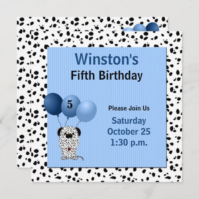 Childs 5th Birthday Party Blue Dalmatian Theme Invitation (Front/Back)