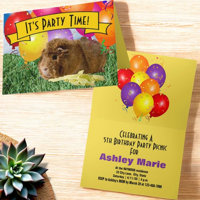 Child's Animal Birthday Party Guinea Pig Balloons Invitation (Party invitation on folded greeting card cover and Inside)