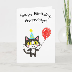 Child's Art Style Tuxedo Cat Birthday Card