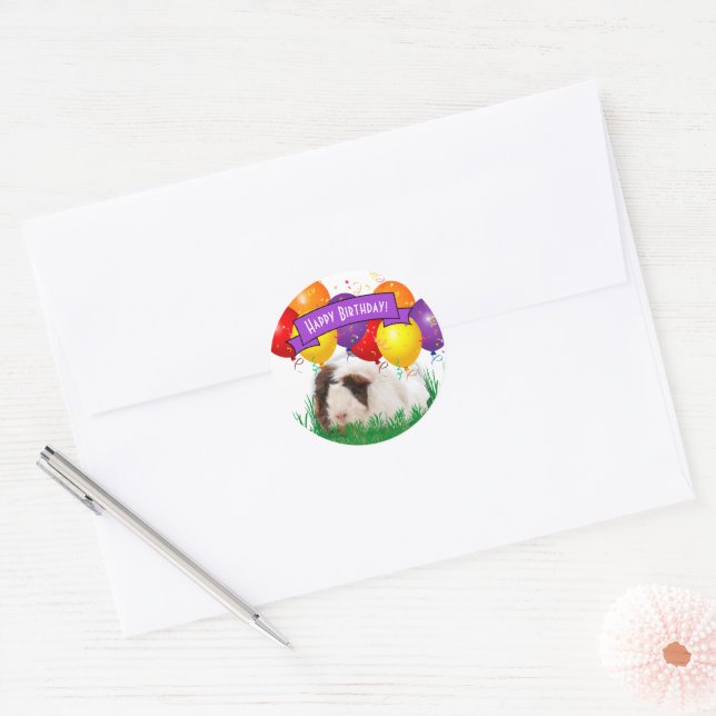 Child's Birthday Cute Guinea Pig Balloon Custom Classic Round Sticker (Envelope)