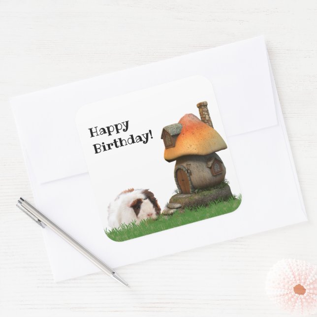 Child's Birthday Cute Guinea Pig Mushroom House Square Sticker (Envelope)