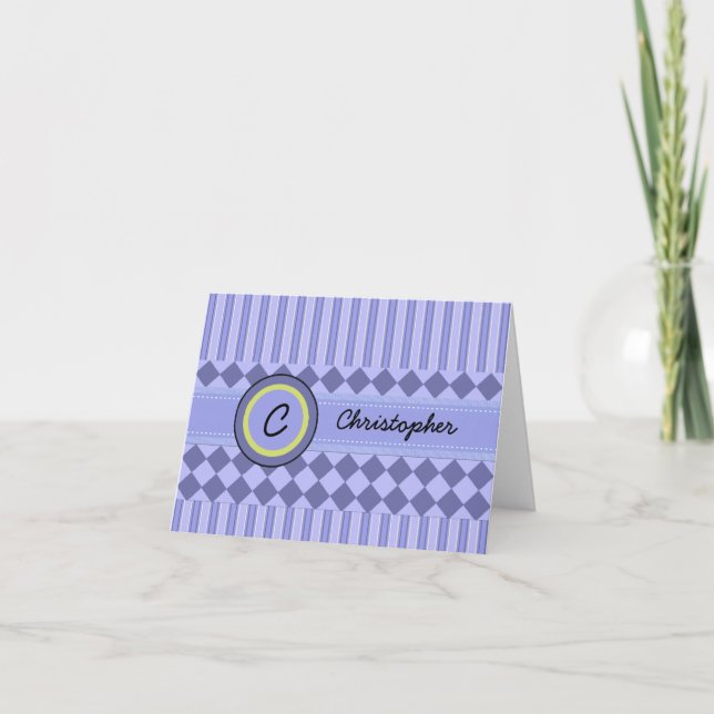 Child's Blue Stripes Monogram Note Card (Front)
