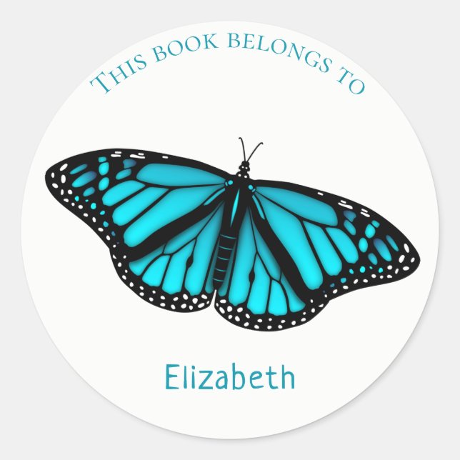 child's book label w teal turquoise blue butterfly (Front)