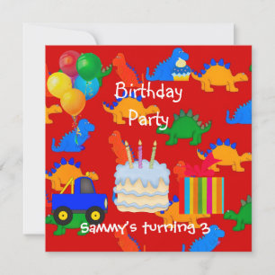 Child's Boy 3rd Birthday Party Dinosaur Red Invitation