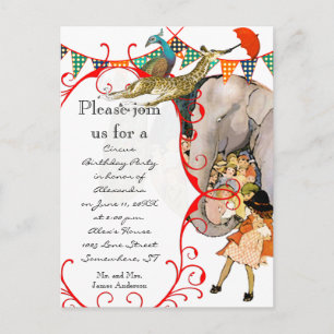 Child's Circus Elephant Peacock Giraffe Party Invitation Postcard