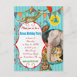 Child's Circus Elephant Peacock Giraffe Party Invitation Postcard