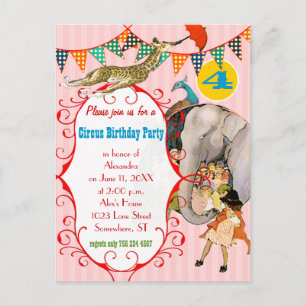 Child's Circus Elephant Peacock Giraffe Party Invitation Postcard