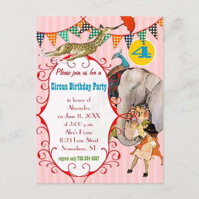 Child's Circus Elephant Peacock Giraffe Party Invitation Postcard (Front)