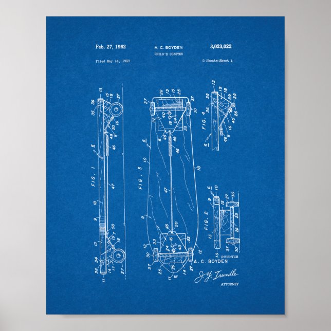 Child's Coaster - Skateboard Patent - Blueprint Poster (Front)
