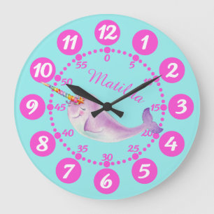 Child's cute narwhal whimsy watercolor pink aqua large clock
