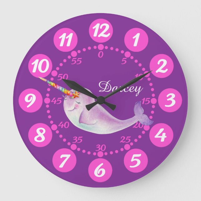 Child's cute narwhal whimsy watercolor pink purple large clock (Front)
