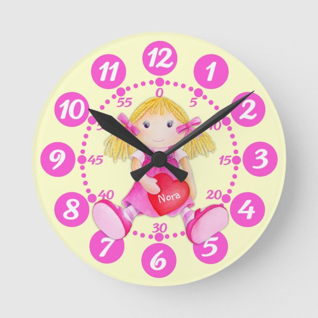 Child's cute rag doll heart art pink yellow clock (Front)