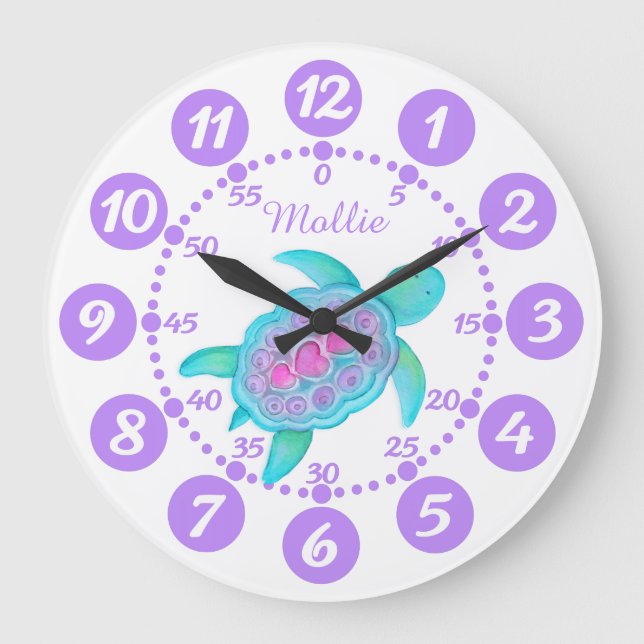 Child's cute turtle heart art purple white clock (Front)