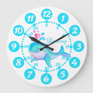 Child's cute whale spurting art aqua white clock