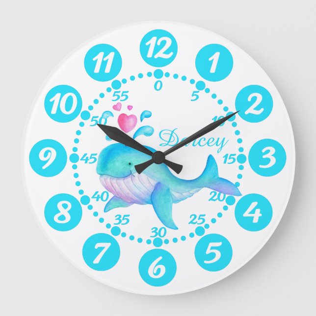 Child's cute whale spurting art aqua white clock (Front)