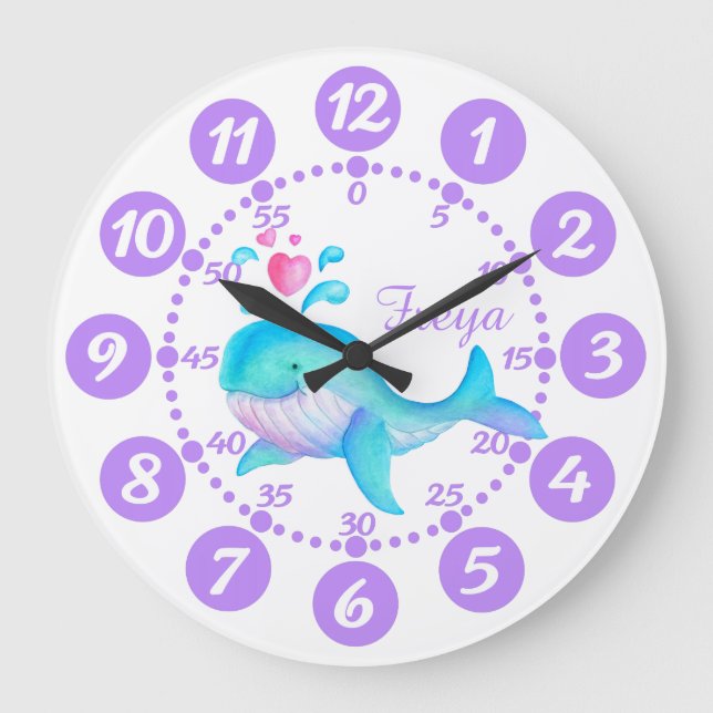 Child's cute whale spurting art purple white clock (Front)