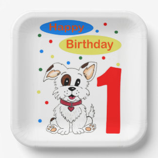 Child's First Birthday Cute Puppy and Colorfetti Paper Plate