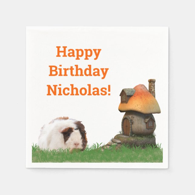 Child's Happy Birthday Guinea Pig Mushroom House Napkin (Front)