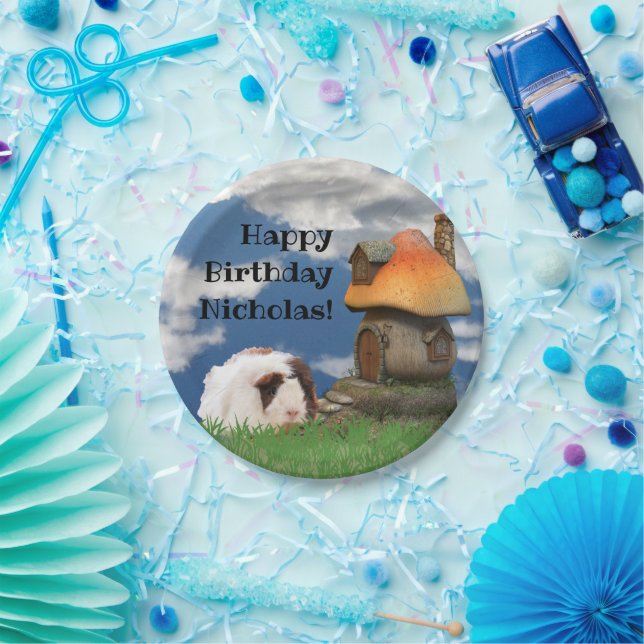 Child's Happy Birthday Guinea Pig Mushroom House Paper Plate (Party)