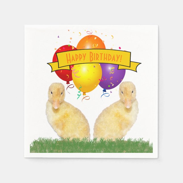 Child's Happy Birthday Yellow Ducklings Balloons Napkin (Front)