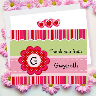 Child's Monogram and Pink Stripes Flat Thank You Card