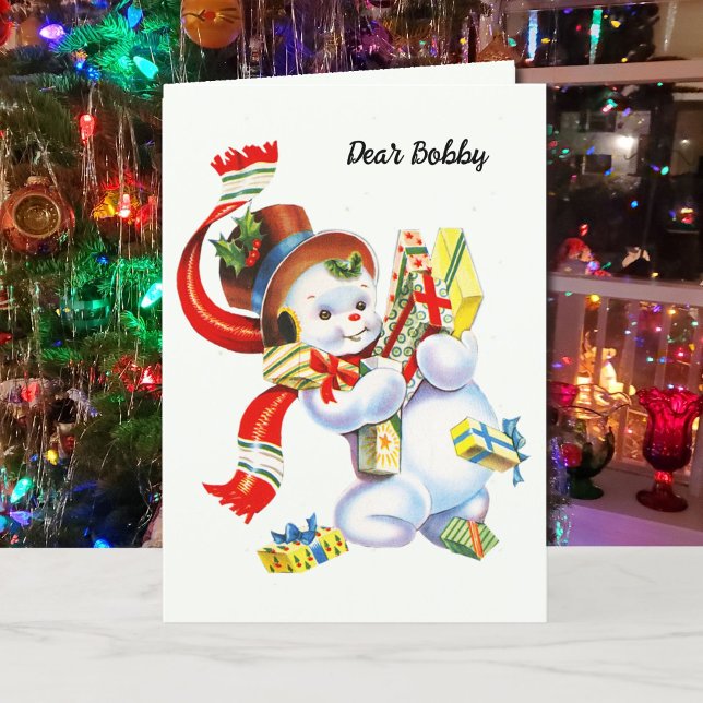 Child's Name Christmas Santa Personalise Snowman Holiday Card (Creator Uploaded)