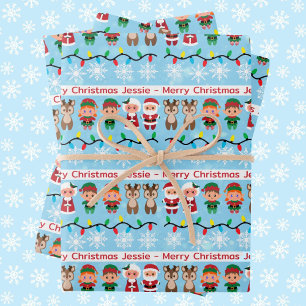Childs' Name Cute Christmas Santa Reindeer Elves 3 Wrapping Paper Sheet