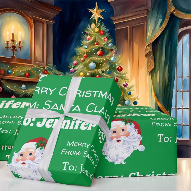 Child's Name Santa Christmas Green Gift Wrapping Paper (Creator Uploaded)
