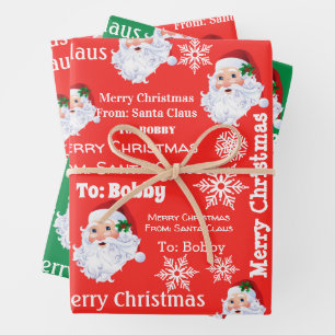 Child's Name Santa Christmas Red & Green 3 Gift Wrapping Paper Sheet