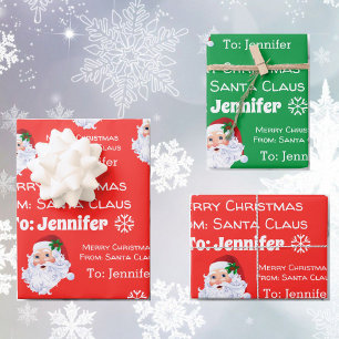 Child's Name Santa Christmas Red Green Gift Wrapping Paper Sheet