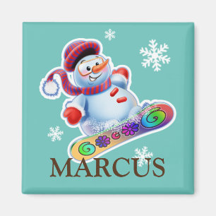 Child's name Snowboarding snowman fridge magnet