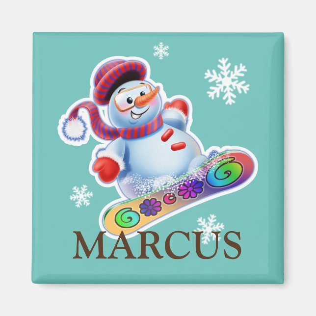 Child's name Snowboarding snowman fridge magnet (Front)