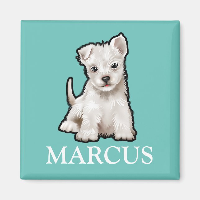 Child's name Westie pup fridge magnet (Front)