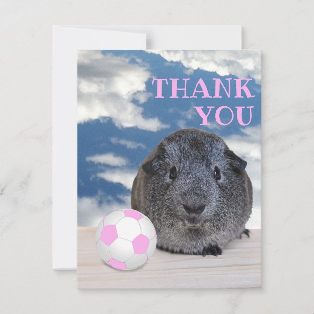 Child's Party Pink & White Guinea Pig Soccer Ball Thank You Card (Front)