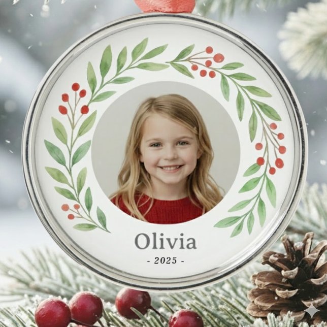 Child's Photo Holly Wreath Christmas 2025  Metal Tree Decoration ( personalized photo ornament with a watercolor wreath, nestled in a snowy, festive scene.)