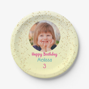 Child's Photo/Name/Age Happy B'day, Gold Stars Yel Paper Plate