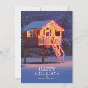 Childs playhouse with snow and Christmas lights Holiday Card