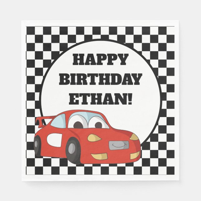 Child's Red Race Car Black White Birthday Party Napkin (Front)