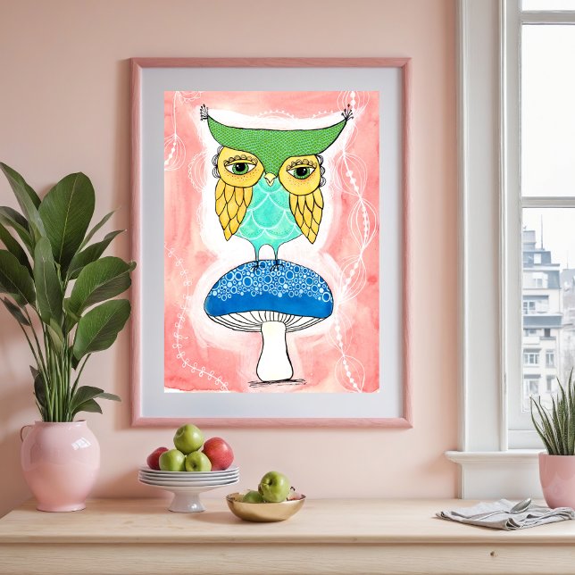 Childs Room Owl Artist Watercolor Painting Kids Poster (Example of artist print framed and in a home scene.)