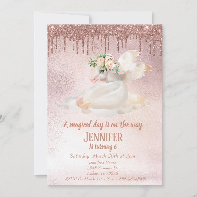 Child's Rose Gold Glitter Drips Unicorn Pegasus Invitation (Front)