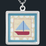 Child's Sailboat by Chariklia Zarris Silver Plated Necklace<br><div class="desc">Chariklia Zarris created this print of a child's sailboat. A chequered pattern blue sail with a red hull complete the package. If you are looking for a special piece to place in a child's nursery this is the one for you!</div>