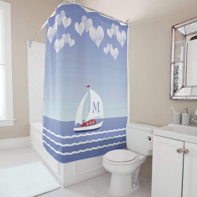 Child's Sailboat Shower Curtain With Monogram (In Situ)