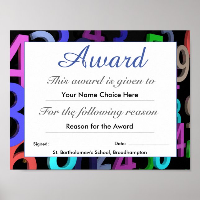 Child's School Award Certificate Poster (Front)