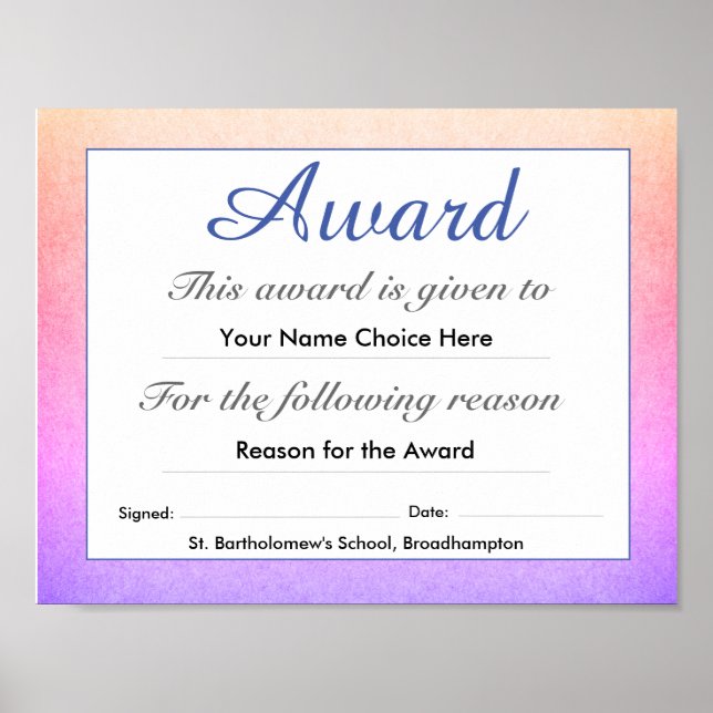 Child's School Award Certificate Poster (Front)