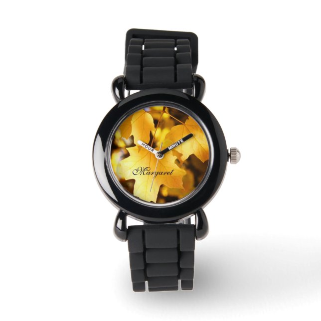 Childs Watch Personalise Name Golden Autumn Leaves (Front)