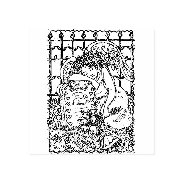 CHILD'S WEEPING GUARDIAN ANGEL, CEMETERY, MOURNING RUBBER STAMP (Imprint)
