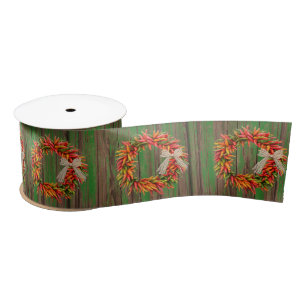 Chile Pepper Ristra Wreaths on Rustic Wood Pattern Satin Ribbon