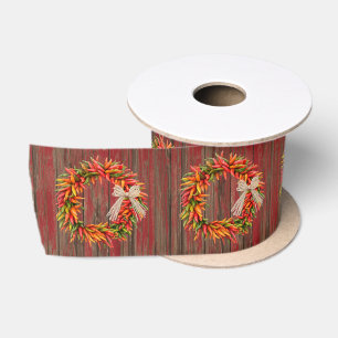 Chile Pepper Ristra Wreaths on Rustic Wood Pattern Satin Ribbon
