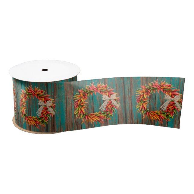 Chile Pepper Ristra Wreaths on Rustic Wood Pattern Satin Ribbon (Spool)