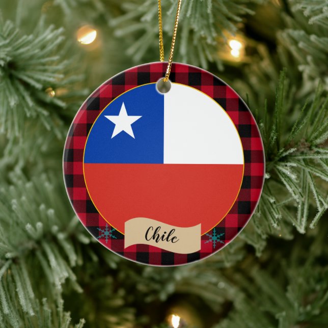 Chile, Red buffalo plaid & Chilean Flag Ceramic Tree Decoration (Tree)